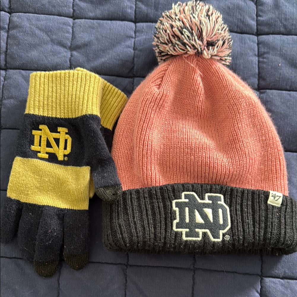 Notre Dame Beanie And Gloves Set - Pink And Yellow